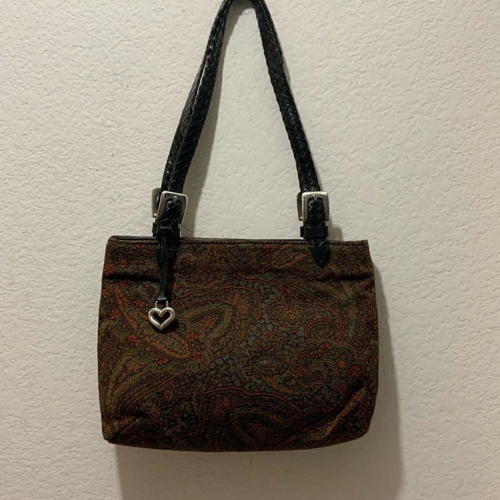BRIGHTON CANVAS LEATHER Braided Strap SHOULDER BAG Tote Silver Hardwar
